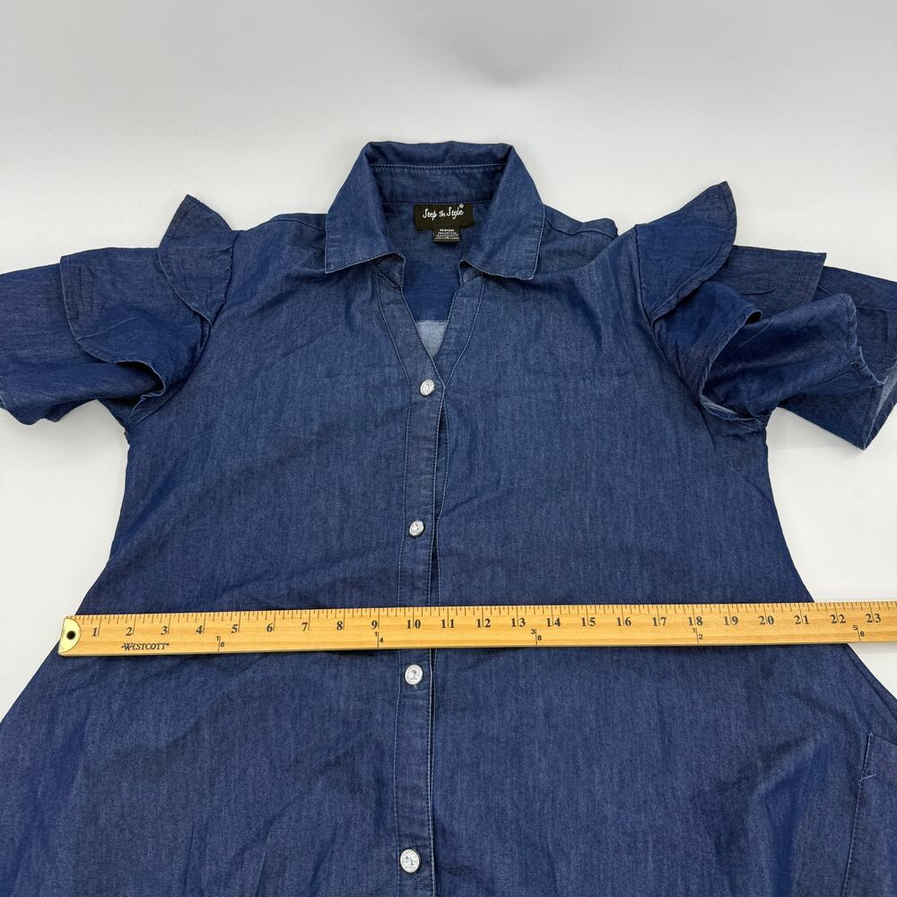 STEP IN STYLE Tunic Shirt Dress Size M Chambray Rhinestone Ruffle Swing Rustic - Picture 7 of 8